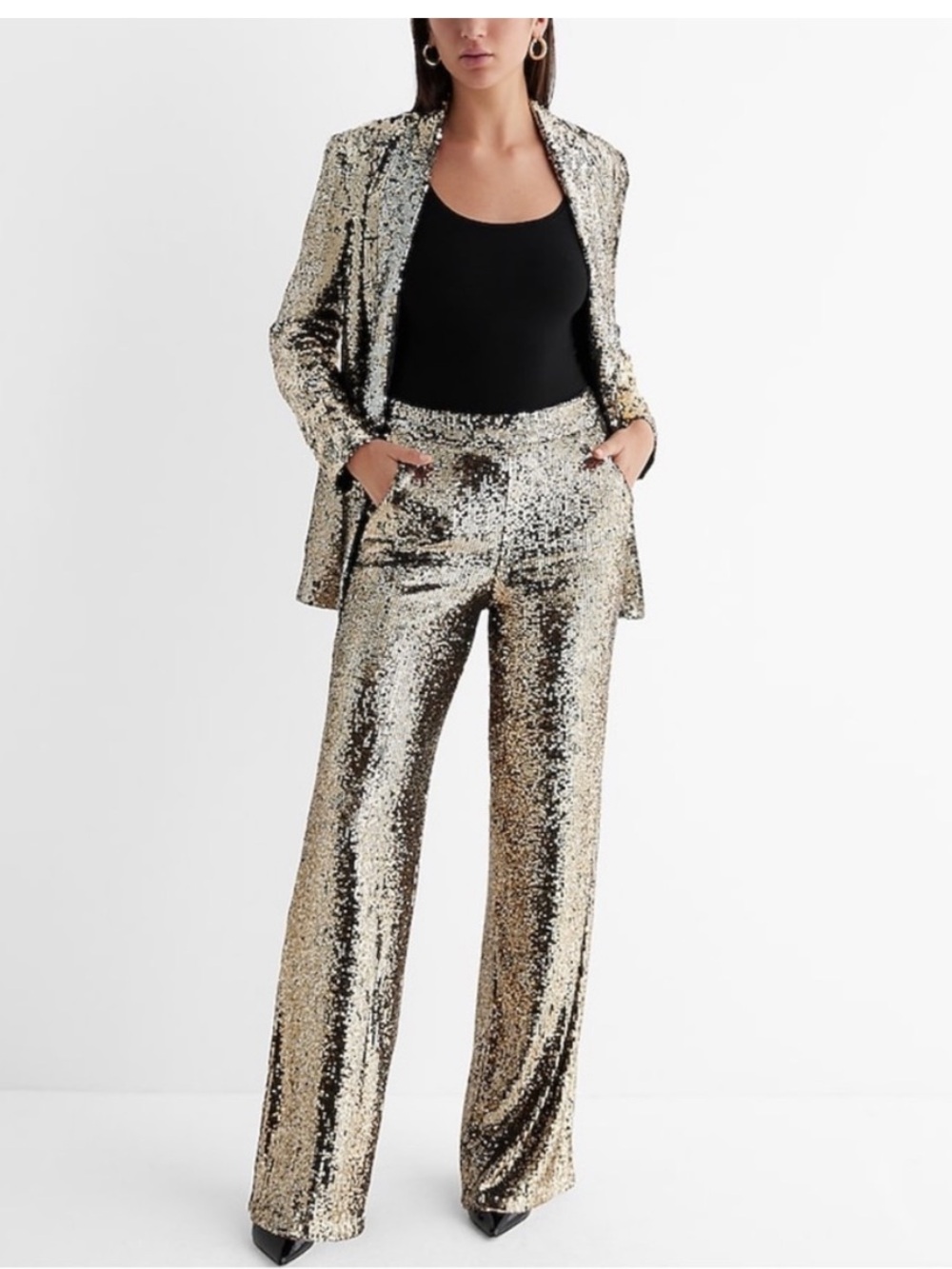 NWOT EXPRESS: Sequin Wide-Leg Pants in Gold with pockets!